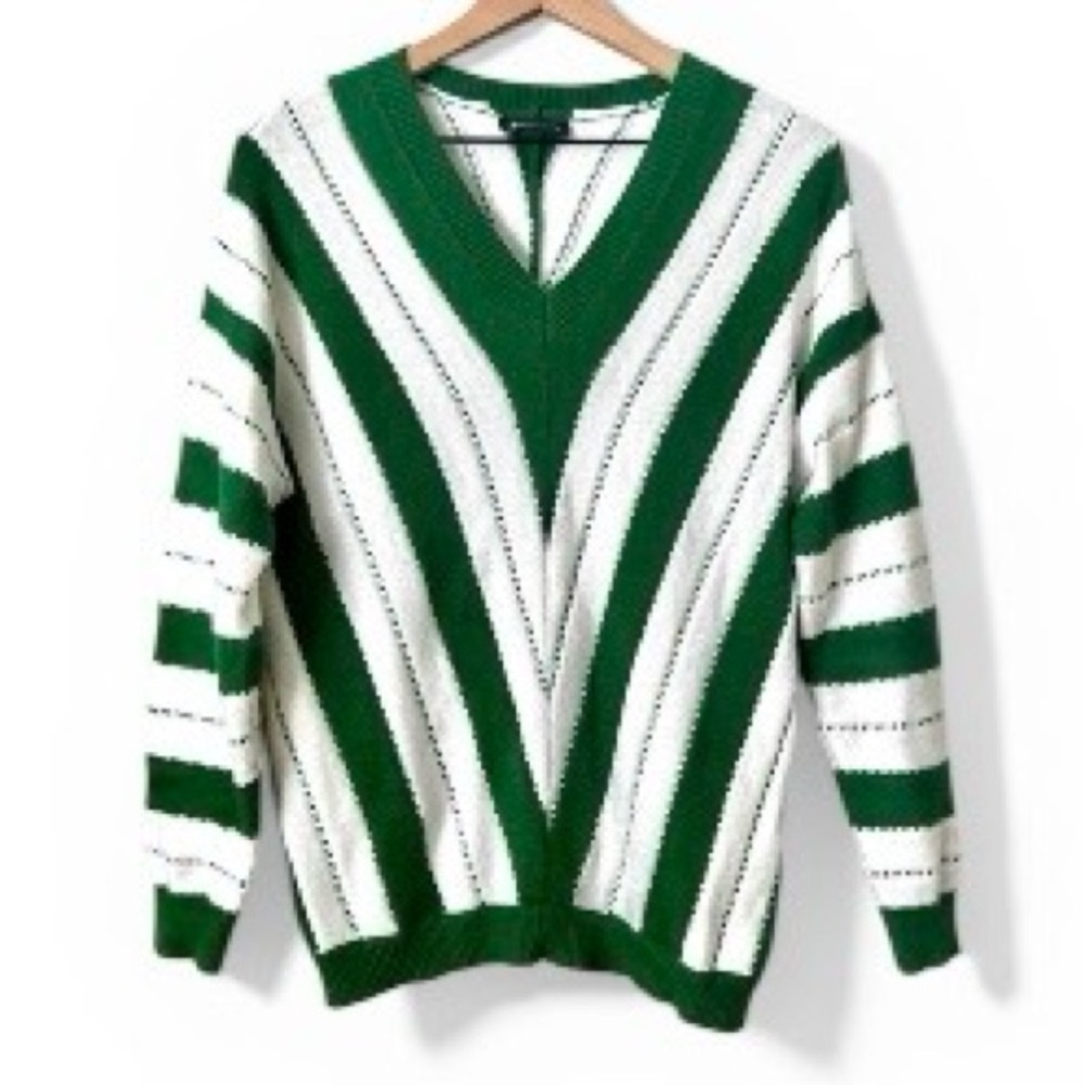 PRETTY GARDEN Pullover Knit Sweater V-Neck Color Block Stripe Green Whit…